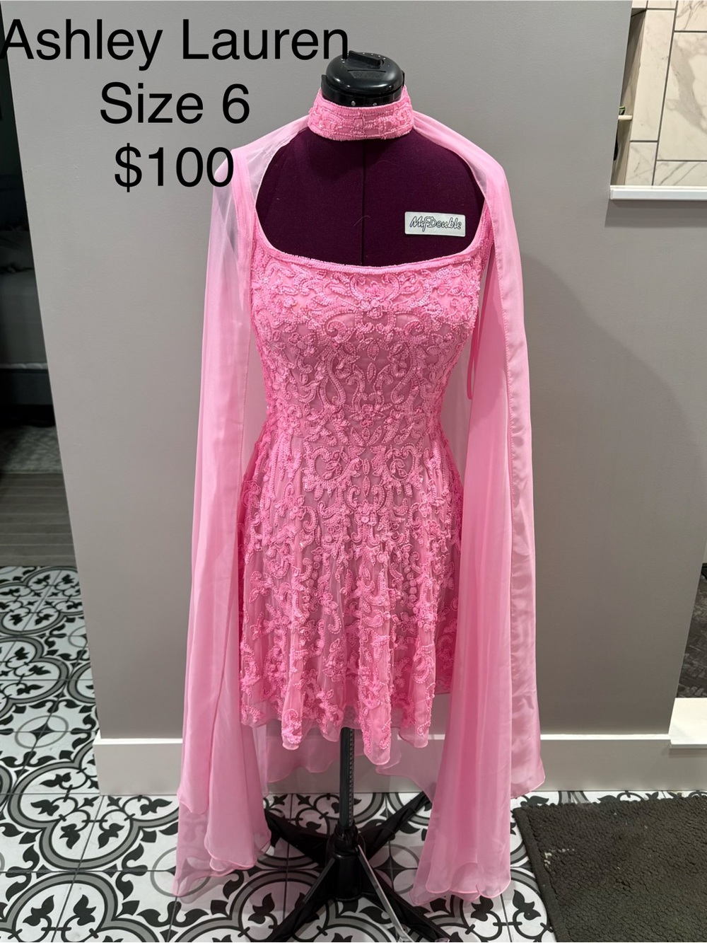 Ashley Lauren Pink Lace Fit-and-Flare Dress with Cape